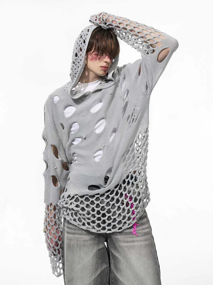 Black men's hoodie with hollow hood and pearl decoration showing loose fit