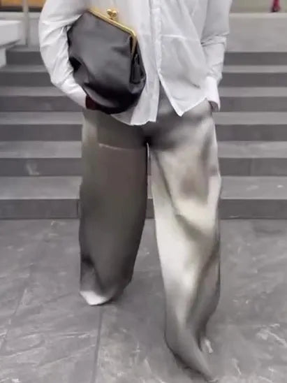 Men's casual flowing satin wide-leg pants in plain design, full-length polyester trousers for daily wear