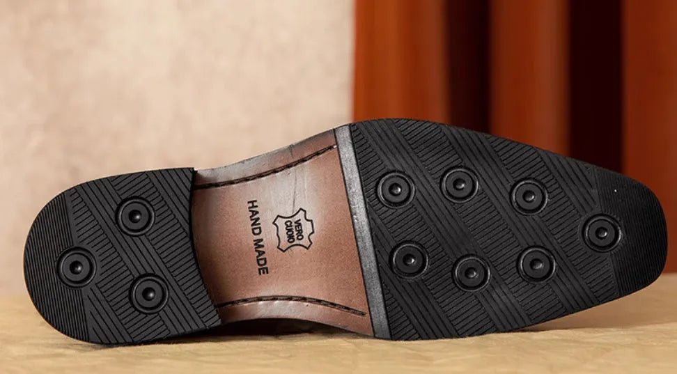 Men's black genuine leather loafers with fringed design and rubber soles