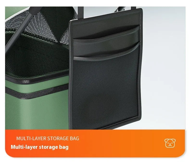 Black folding pet cart with detachable design and metal construction showing large capacity interior