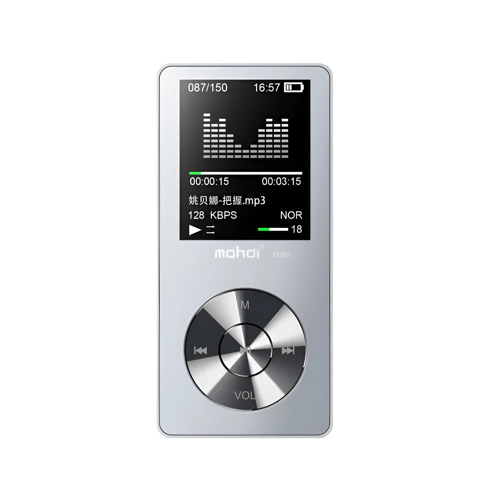 Gold, silver, or black all-metal MP3 music player with 1.8-inch screen