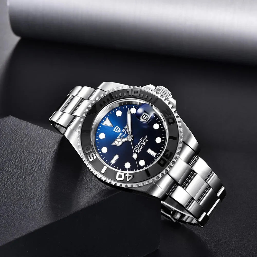 Men's automatic mechanical watch with 40mm stainless steel dial, luminous hands, and steel bracelet