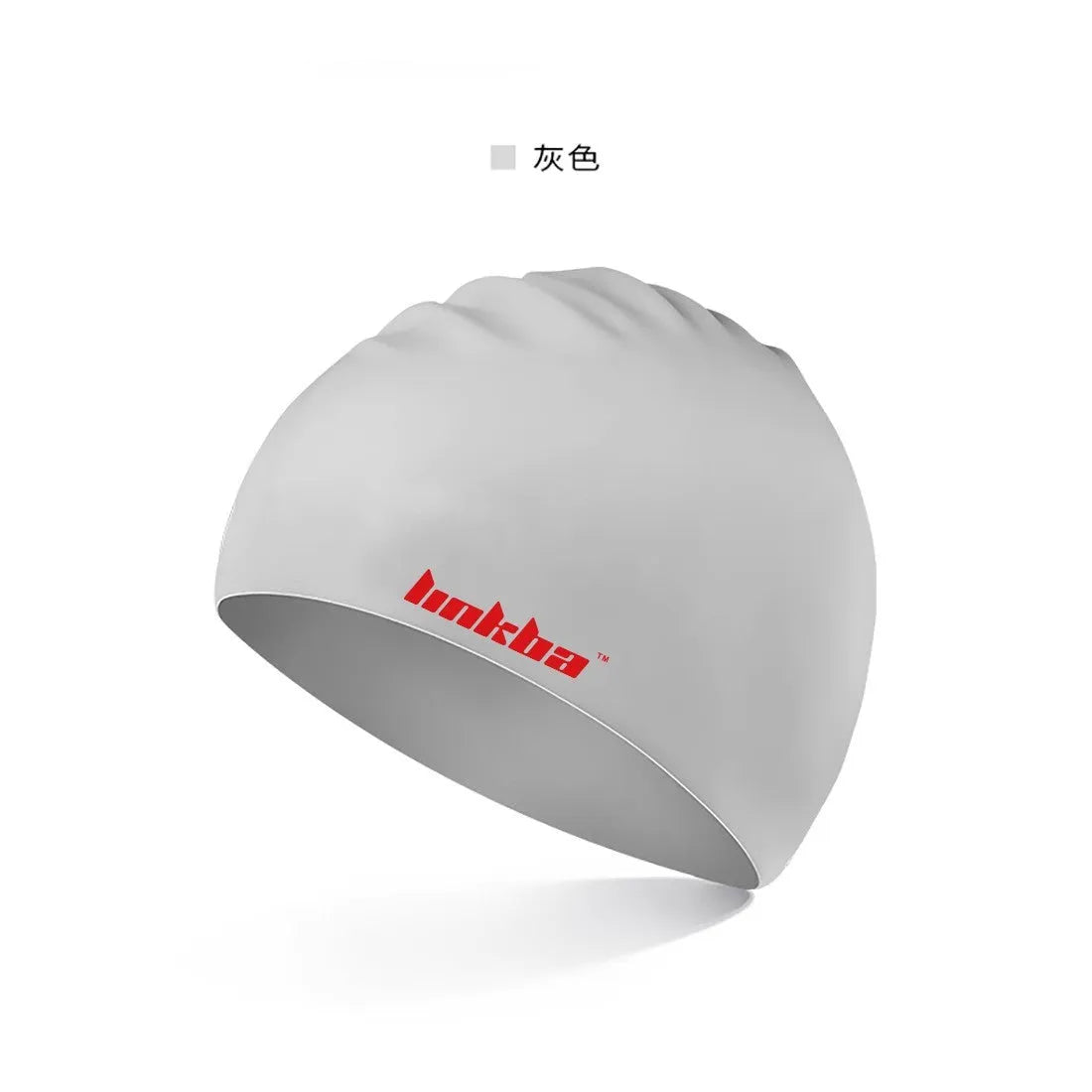 Silicone swimming cap with earmuff design and printed letters, shown in one of five colours: black, white, yellow, blue, or grey.