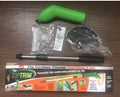 Cordless lawn trimmer with extension pole and protective shield on a garden background