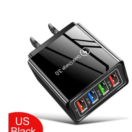 Luminous 4-port USB mobile phone charger in selected colour with indicator light, showing EU or US plug type.
