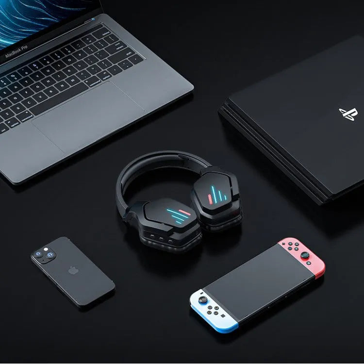 Luminous black wireless gaming headphones with head-mounted design showing LED lighting elements
