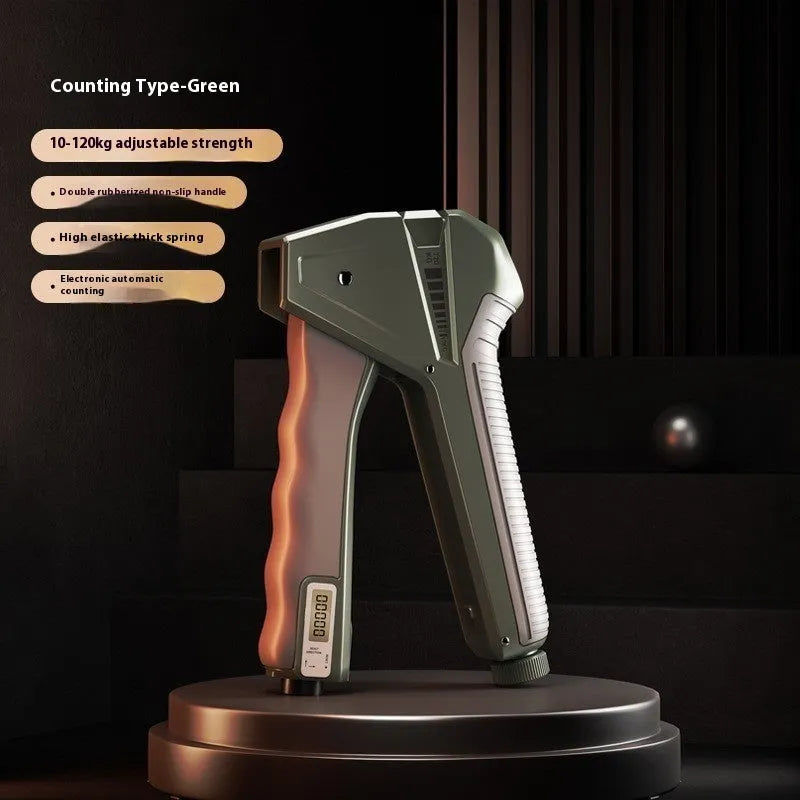 Adjustable hand gripper strength trainer with mechanical counter display, shown in orange colour.