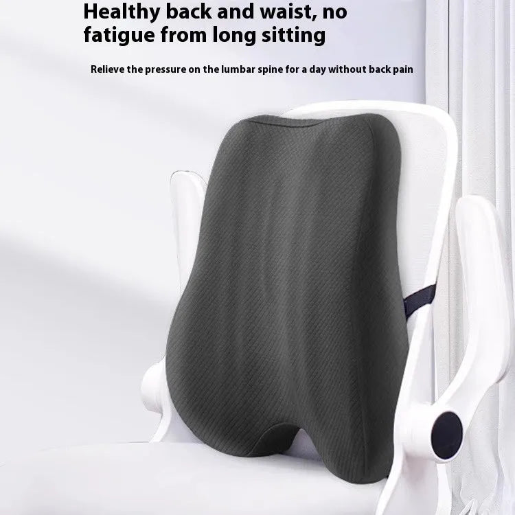 Grey lumbar support cushion for office chair, shown with pink and navy blue colour options.