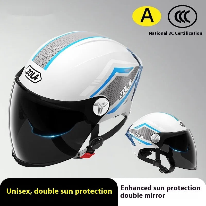Motorcycle half helmet with double mirror visor in ABS construction, showing universal fit design