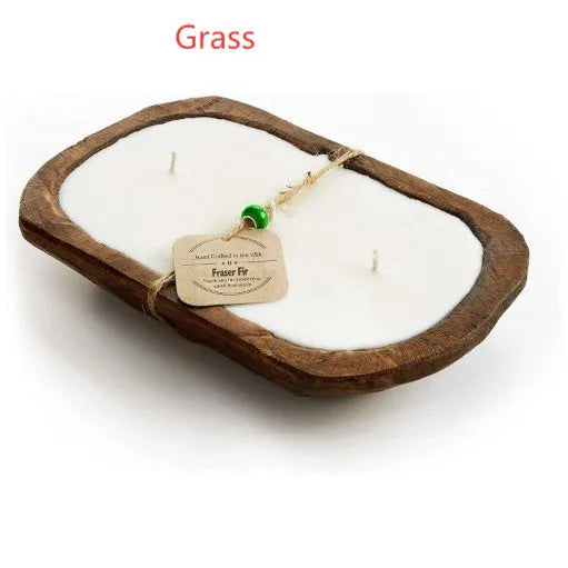 Retro-style wooden basin containing a Lavender soy wax aromatherapy candle with three visible wicks.