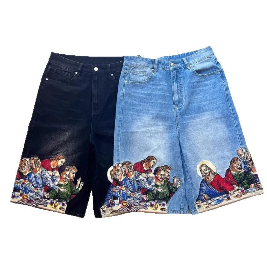 Blue cotton men's shorts with a Jesus Christ screen print on the back pocket, showing tapered leg fit.