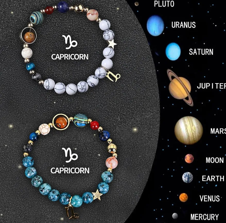 Two natural stone beaded bracelets with adjustable cords on a surface, representing a zodiac sign jewellery set.