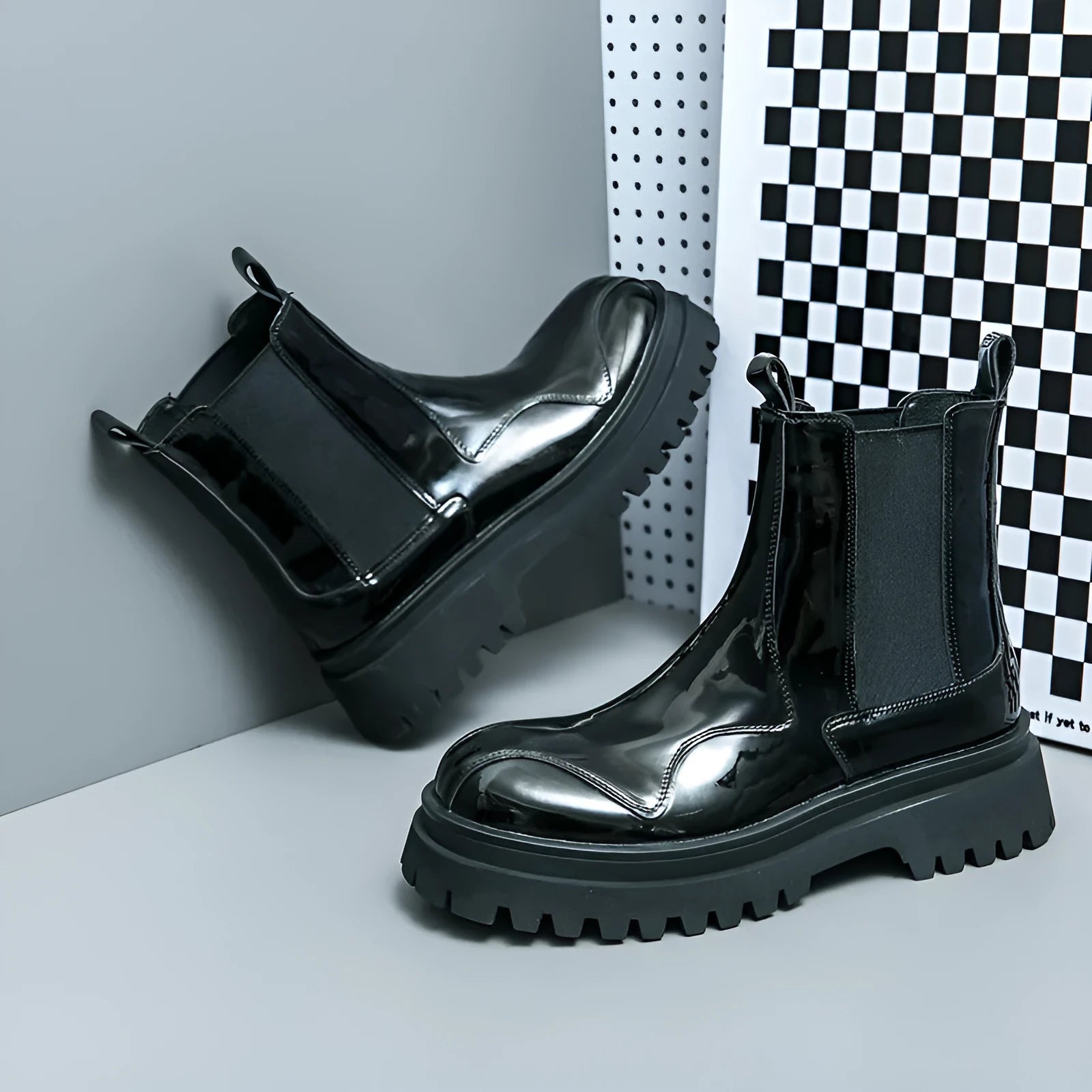 Men's glossy patent leather ankle boots with low square heel and sewing thread detail, black colour