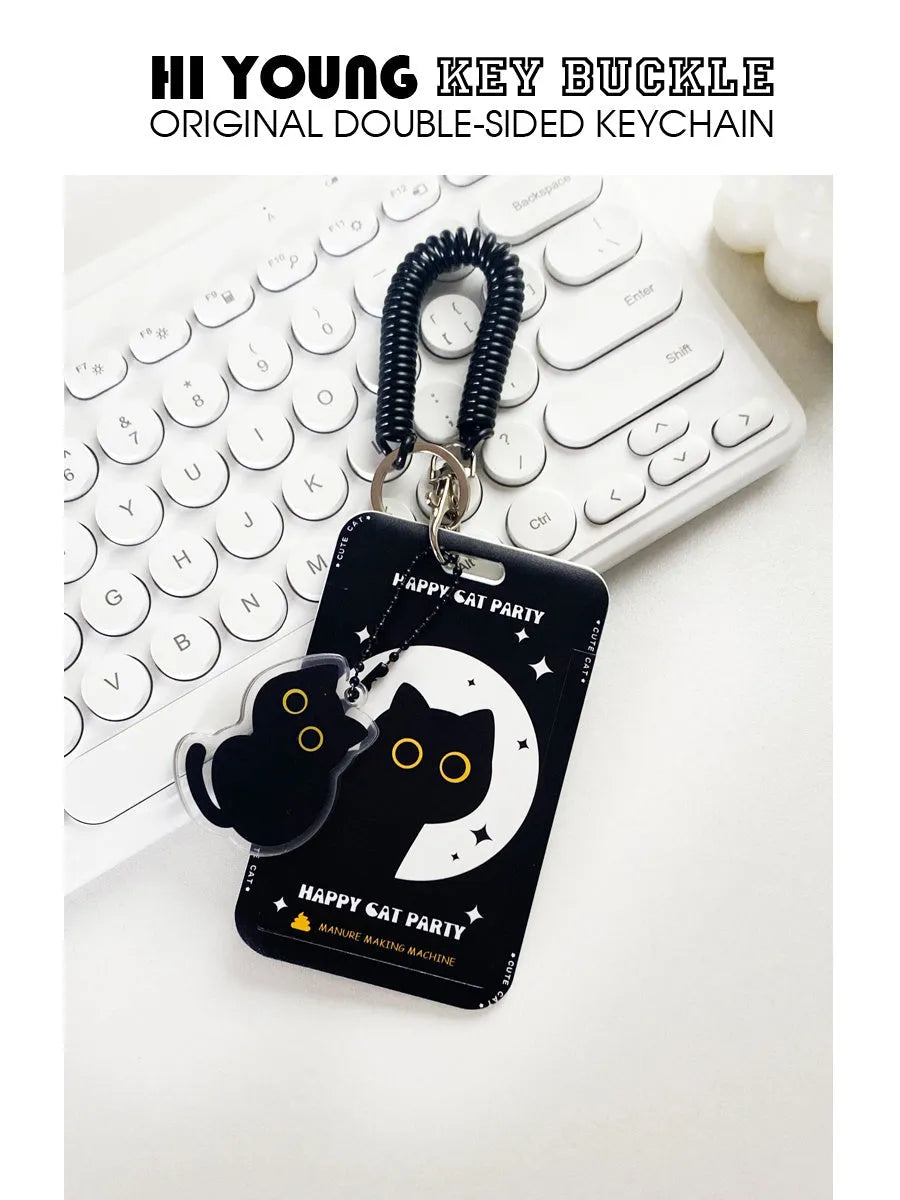 Little black cat cartoon design plastic card holder with ferrule pendant attachment