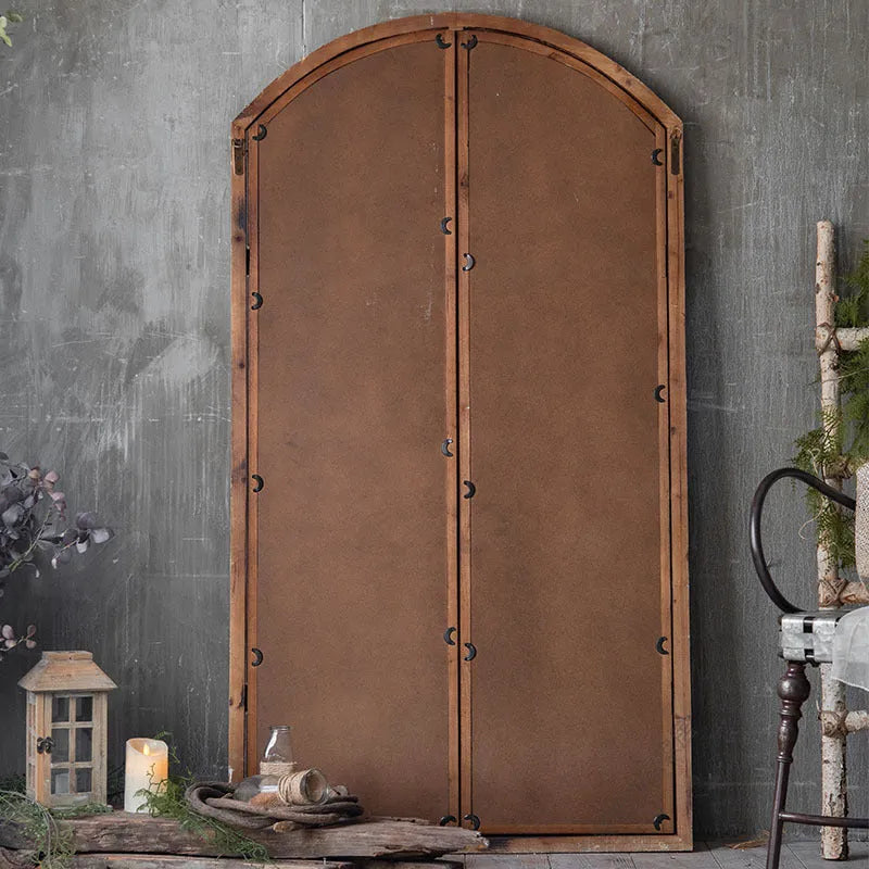 Terrace style distressed wooden frame wall mirror with log colour finish and glass panels