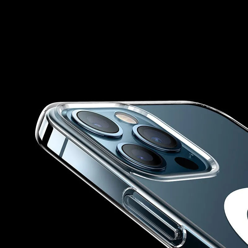 Transparent magnetic back cover phone case for iPhone models on white background