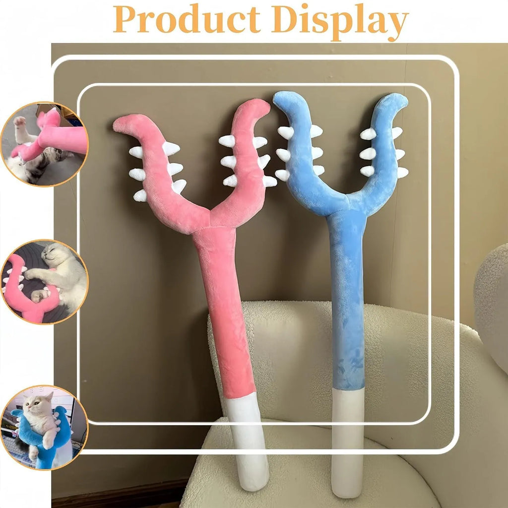 Blue plush cat wand toy extended to 70cm length with soft head for interactive pet play