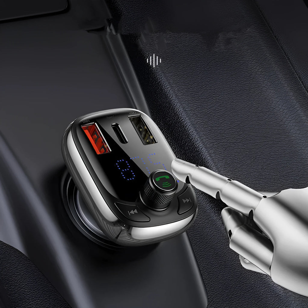 Black car charger with anti-slip shrapnel for hands-free calling and dual device connection