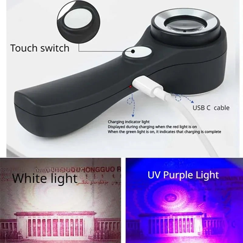 A black or silver appraisal magnifying glass with an optical glass lens and a USB-C charging cable.