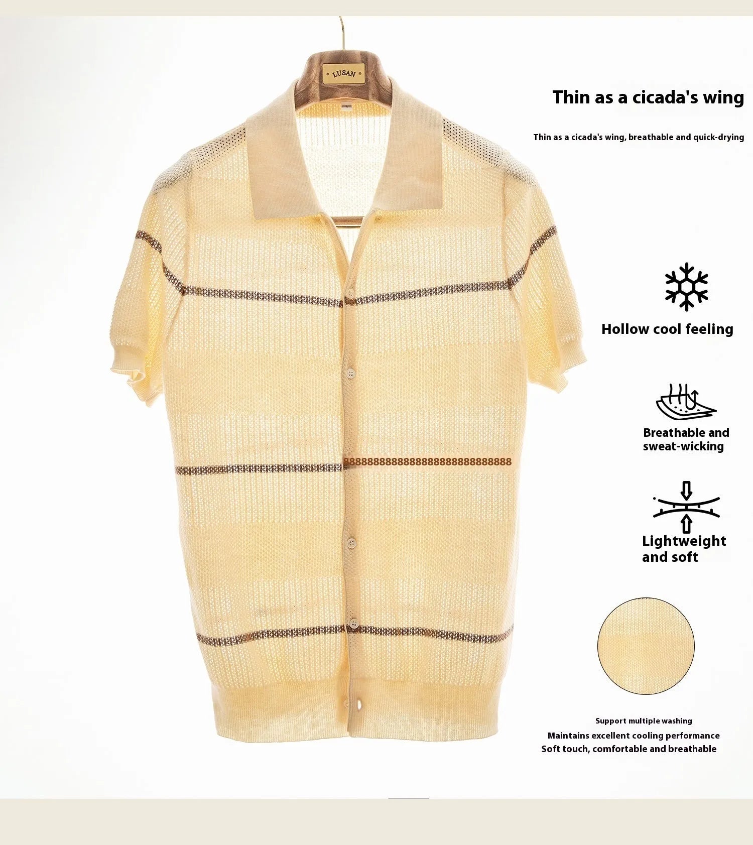 Casual lapel cardigan in thin cotton linen blend fabric, camel colour with short sleeves