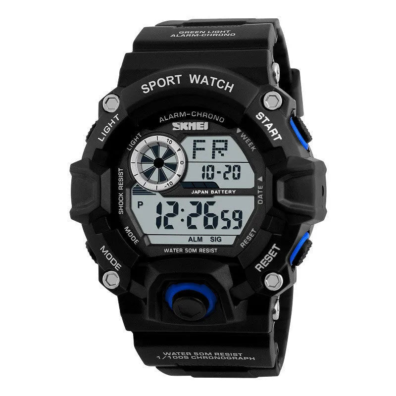 Digital sports watch with round dial, plastic strap, and display showing time, date, and dual time zones.