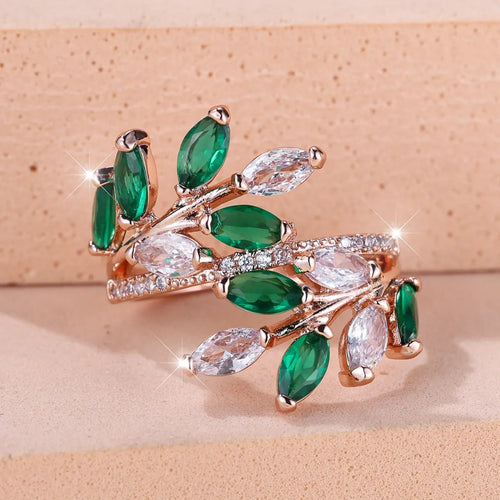 Adjustable copper leaf fashion ring with stone settings in multiple colour options