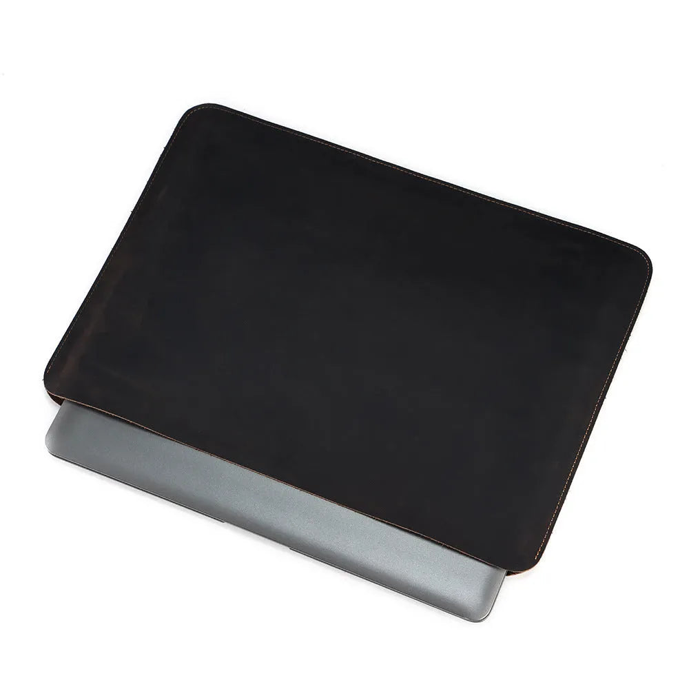 Brown genuine leather computer bag with horizontal design and cowhide lining