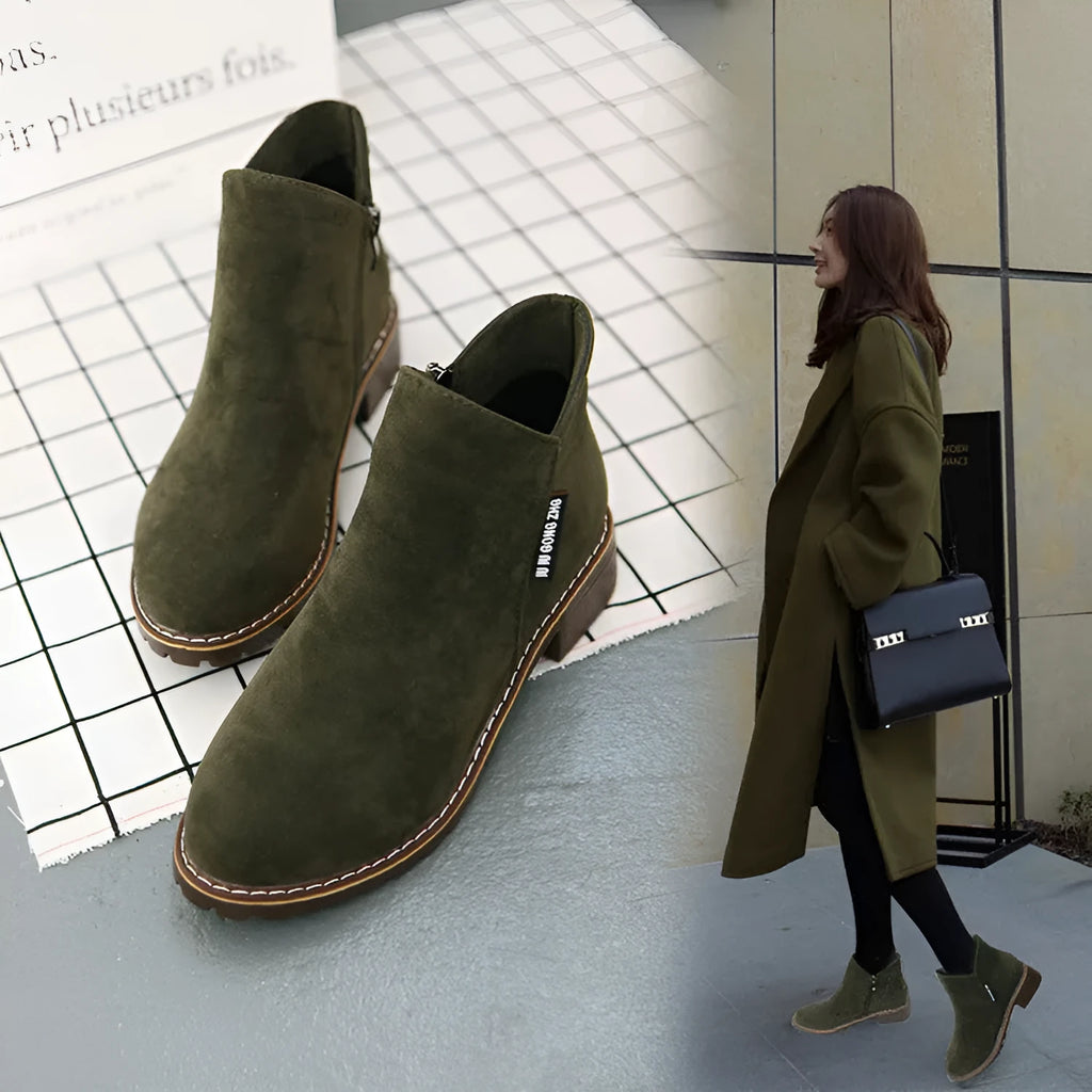Retro fashion ladies ankle boots in martin cashmere style with thick heel, army green colour