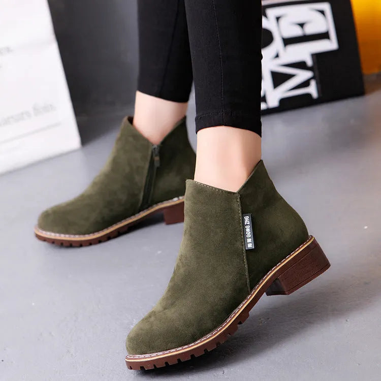 Retro fashion ladies ankle boots in martin cashmere style with thick heel, army green colour