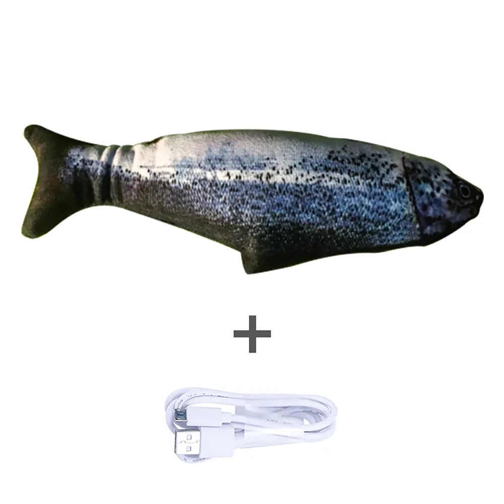 Multicolor USB rechargeable electric jumping fish cat toy measuring 30cm long
