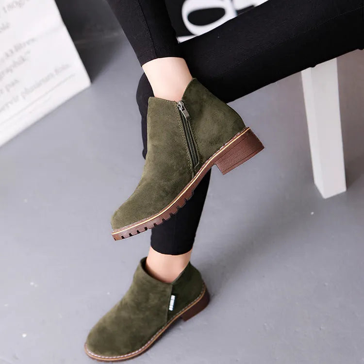 Retro fashion ladies ankle boots in martin cashmere style with thick heel, army green colour