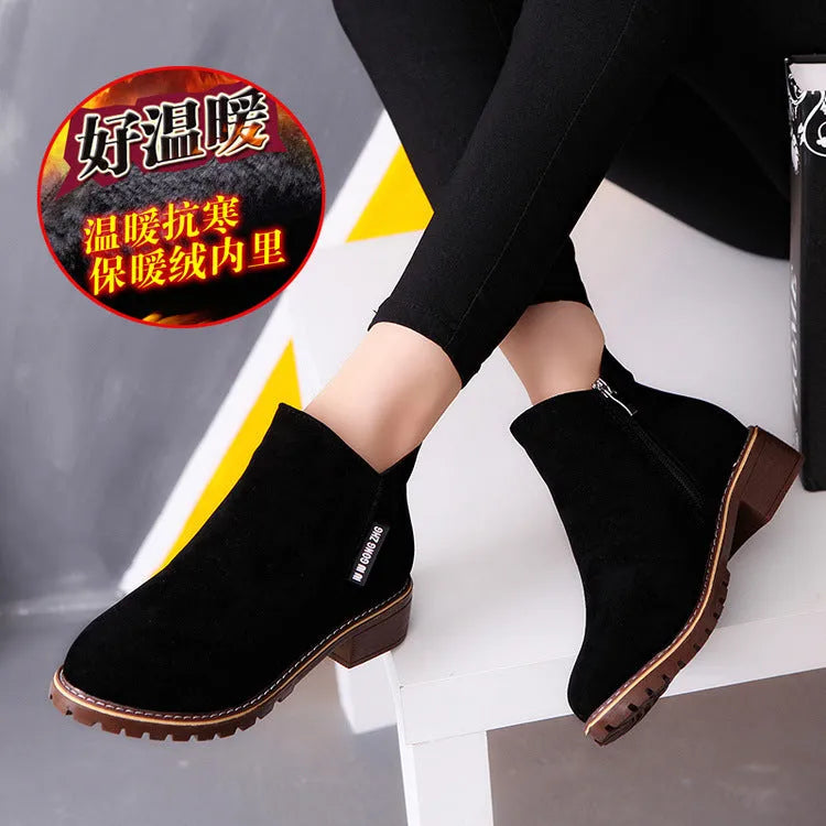 Retro fashion ladies ankle boots in martin cashmere style with thick heel, army green colour