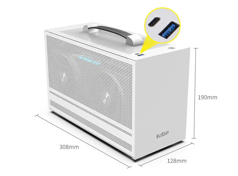 Three Hummingbird PRO portable ITX desktop chassis in titanium gray or white with tinned steel construction
