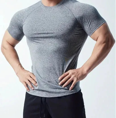 Men's quick-dry stretch running t-shirt in black, gray, green or pink with round neck and short sleeves