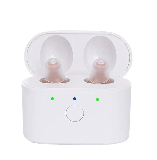 Rechargeable hearing aids with Germany digital chip and noise reduction, available in beige colour