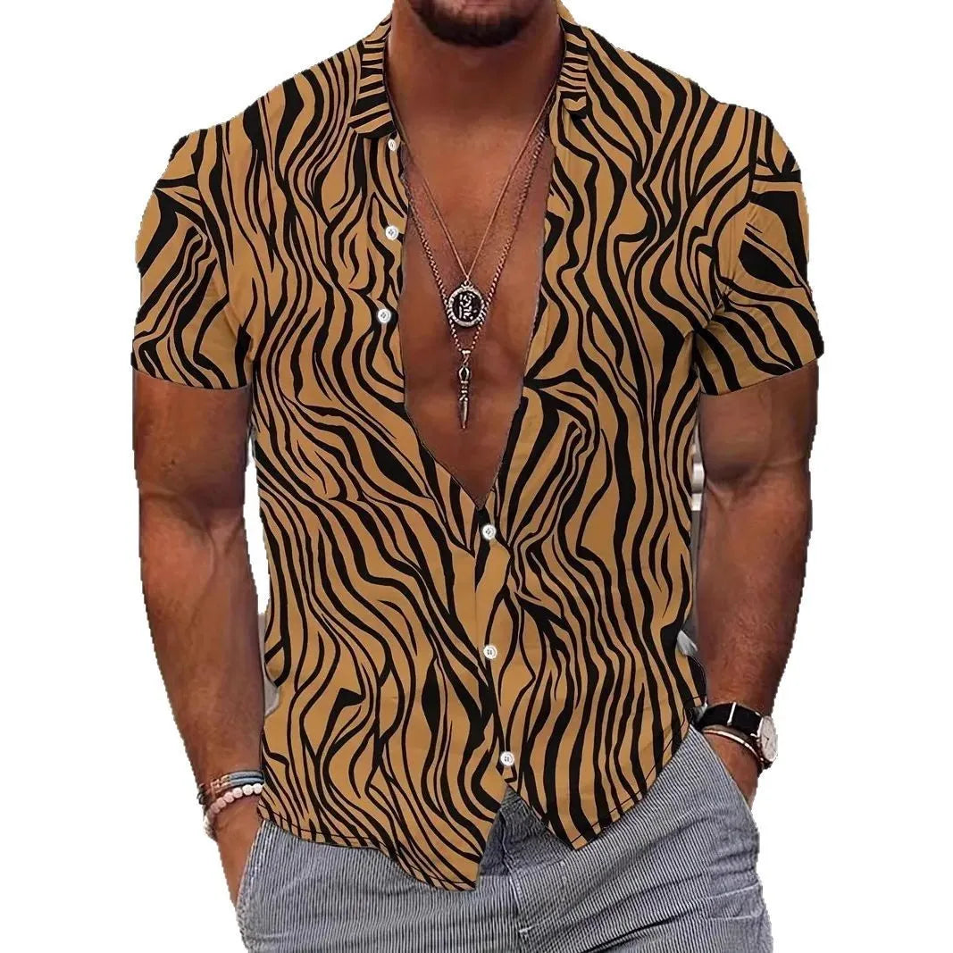 Men's slim-fit short-sleeve shirt with a geometric line pattern printed on the lapel.