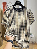 Black striped men's casual short sleeve top with loose fit and silk-linen fabric blend