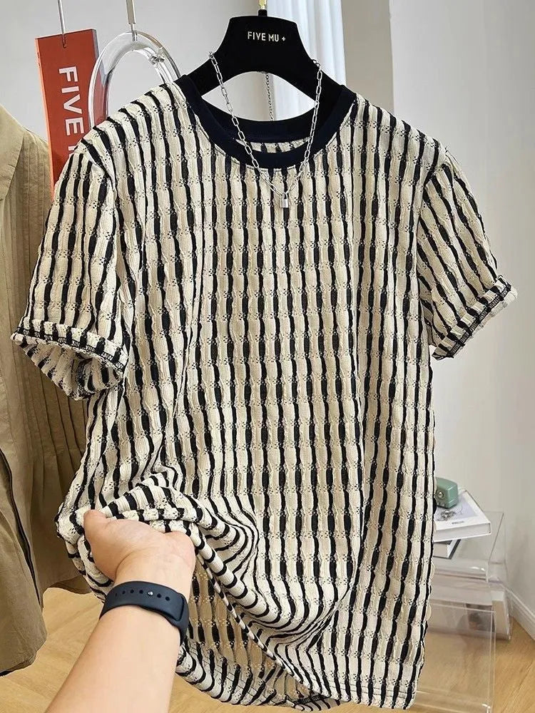 Black striped men's casual short sleeve top with loose fit and silk-linen fabric blend