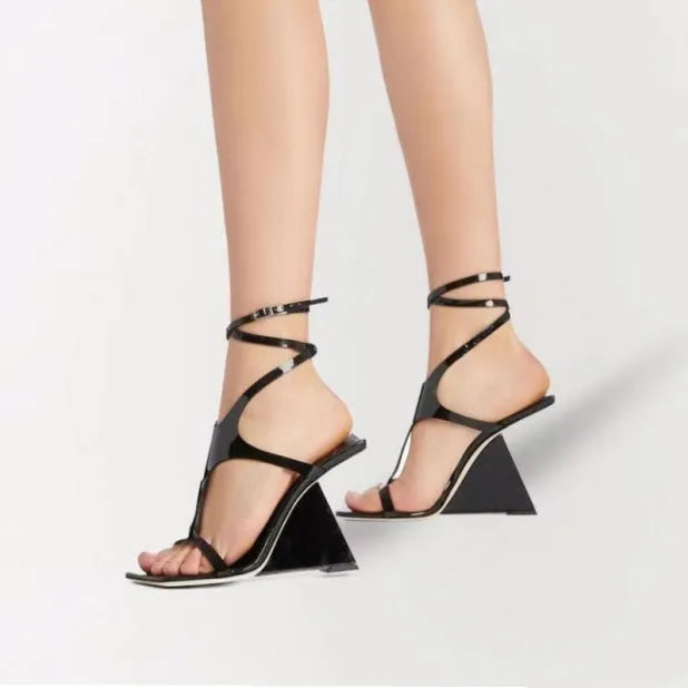 Women's black square toe high heel sandals with adjustable button strap and 9.5cm block heel