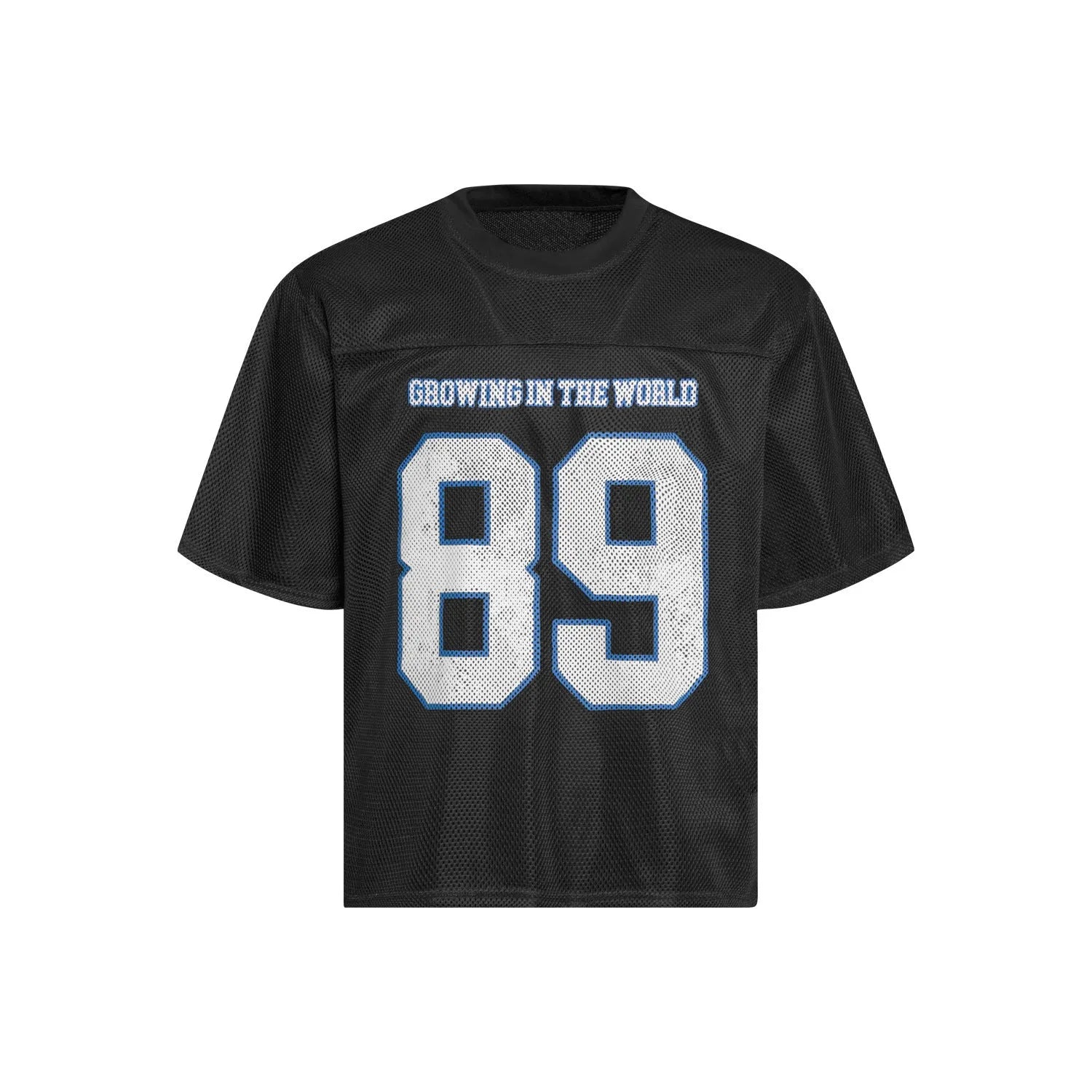 Black and white loose-fit t-shirt with alphanumeric printing on the front