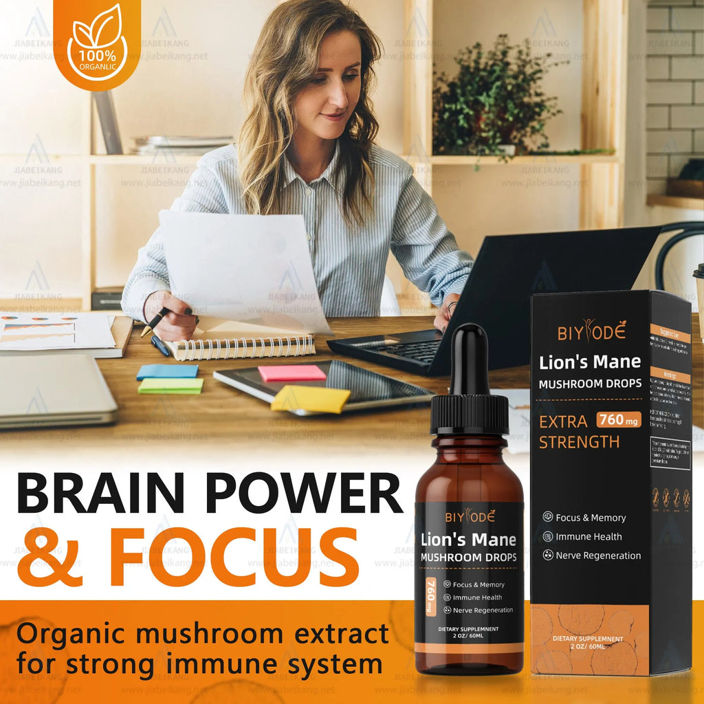 Organic Lions Mane Mushroom Extract Drops in a glass bottle with dropper, two flavour options