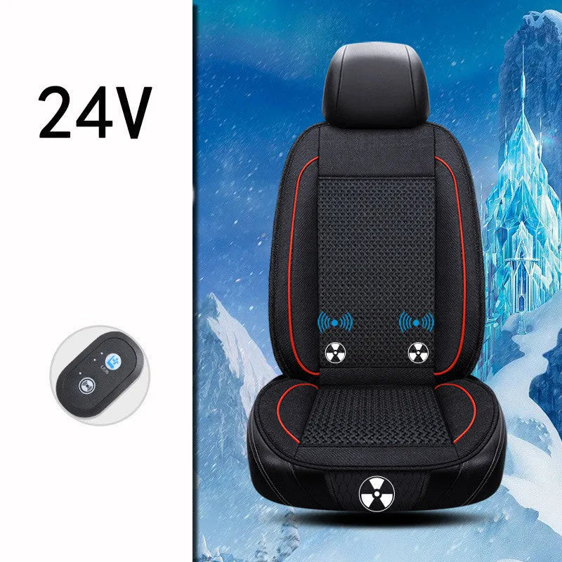 Square black car seat ventilation cushion with power cord, shown on a car seat.