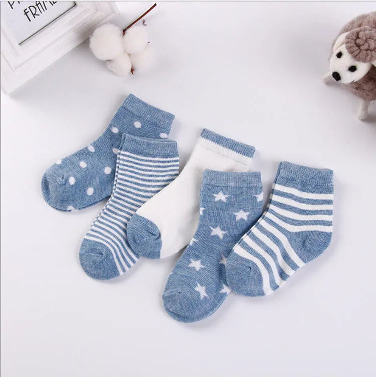 Set of five children's cotton socks in assorted solid colours and stripes, mid-tube length for toddlers 1-3 years