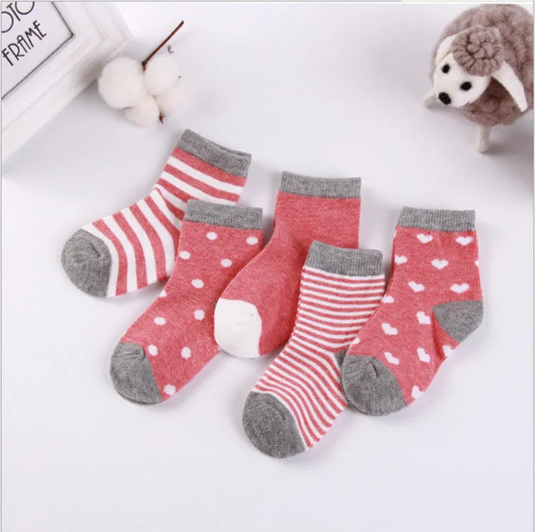 Set of five children's cotton socks in assorted solid colours and stripes, mid-tube length for toddlers 1-3 years