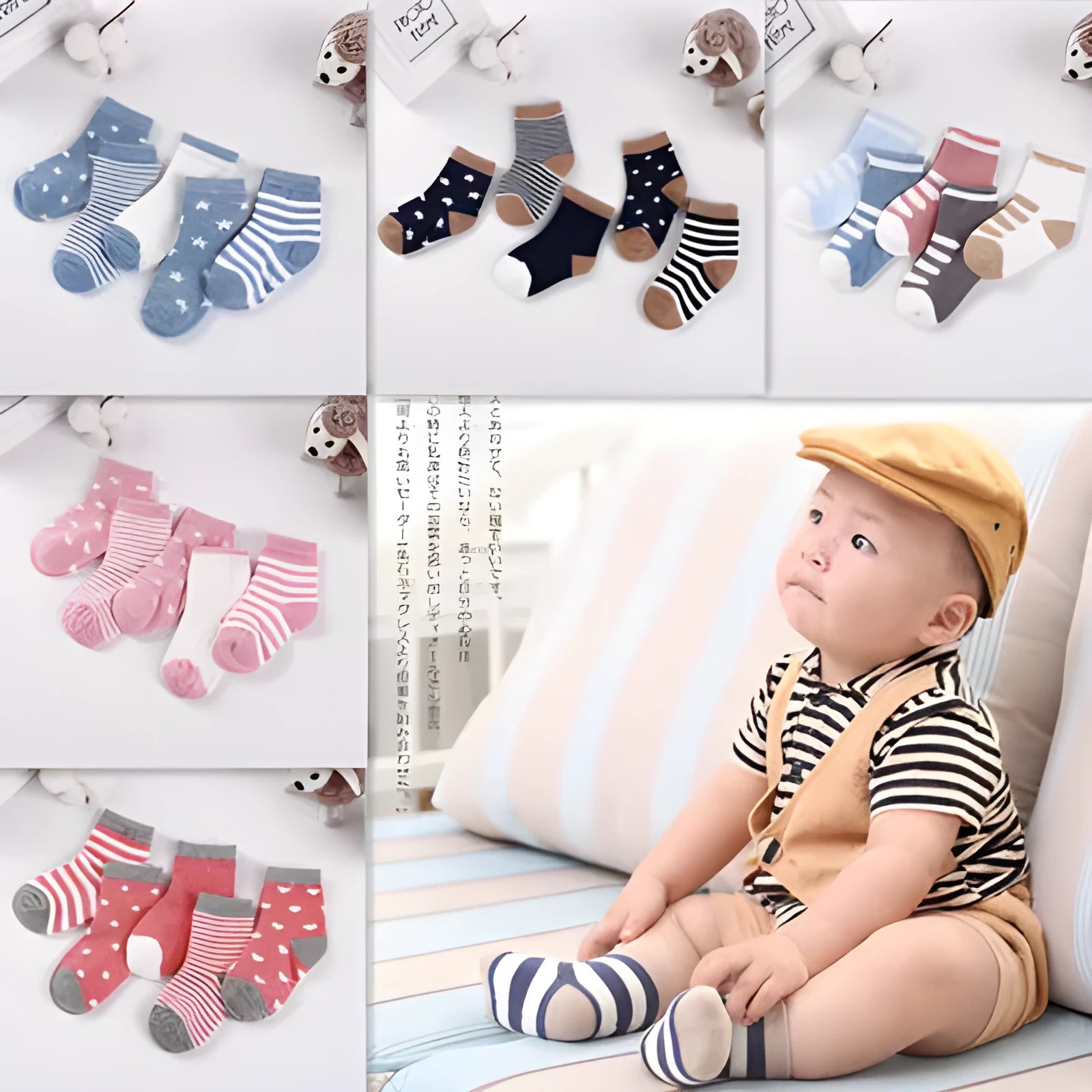 Set of five children's cotton socks in assorted solid colours and stripes, mid-tube length for toddlers 1-3 years