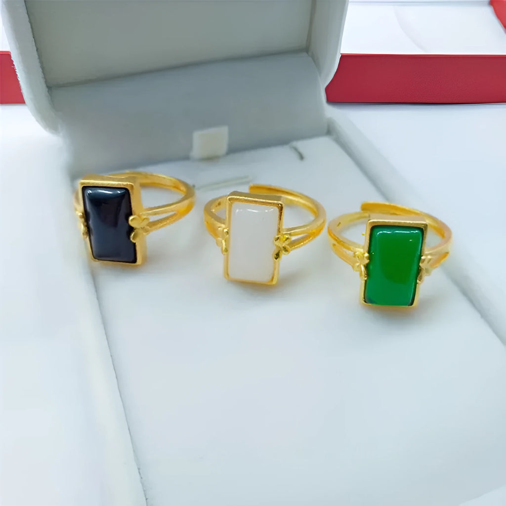 Adjustable brass gold-plated ring with long gemstone inlay in national style design
