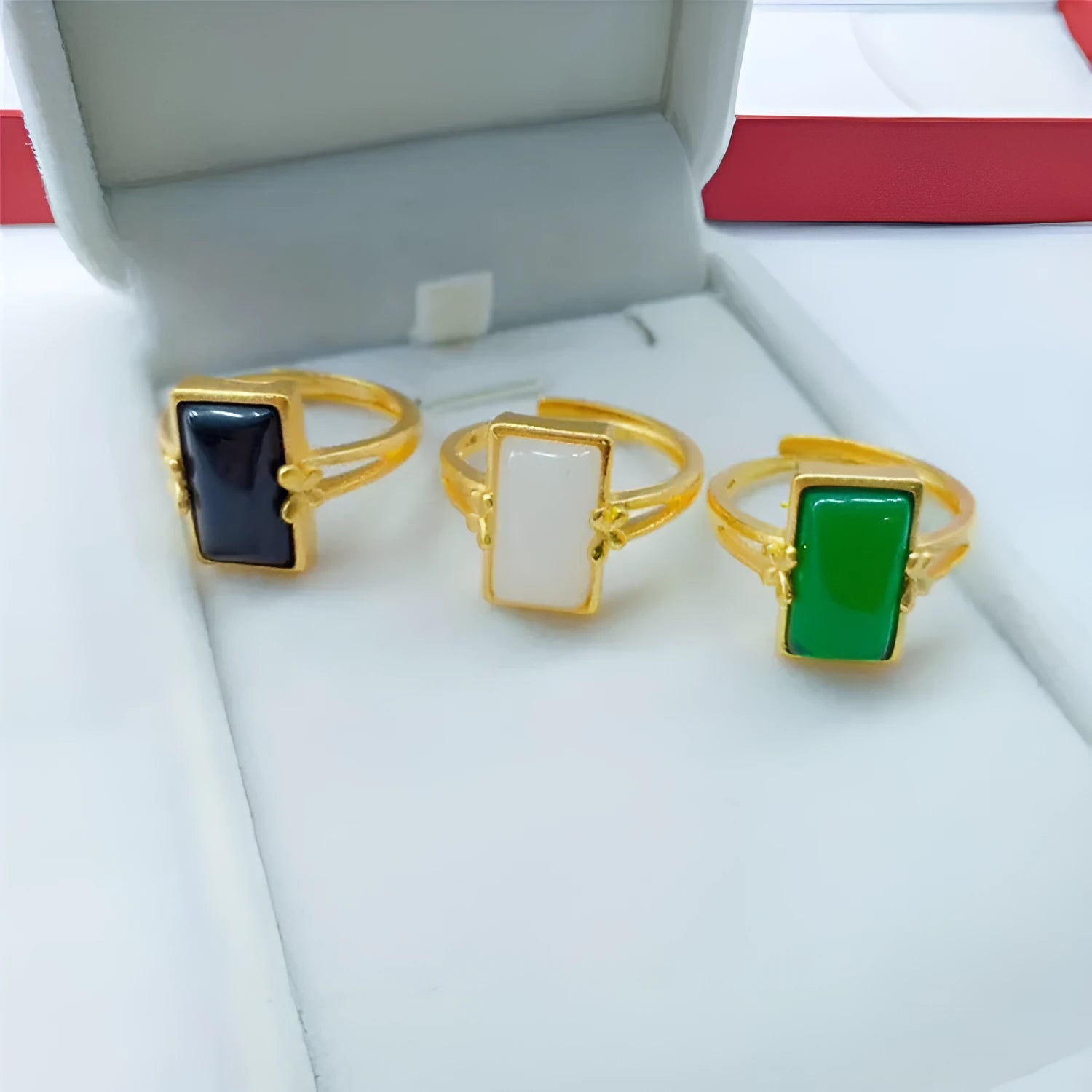Adjustable brass gold-plated ring with long gemstone inlay in national style design