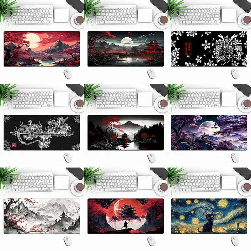 Custom anime graphic gaming mouse pad with non-slip rubber base on a desk.