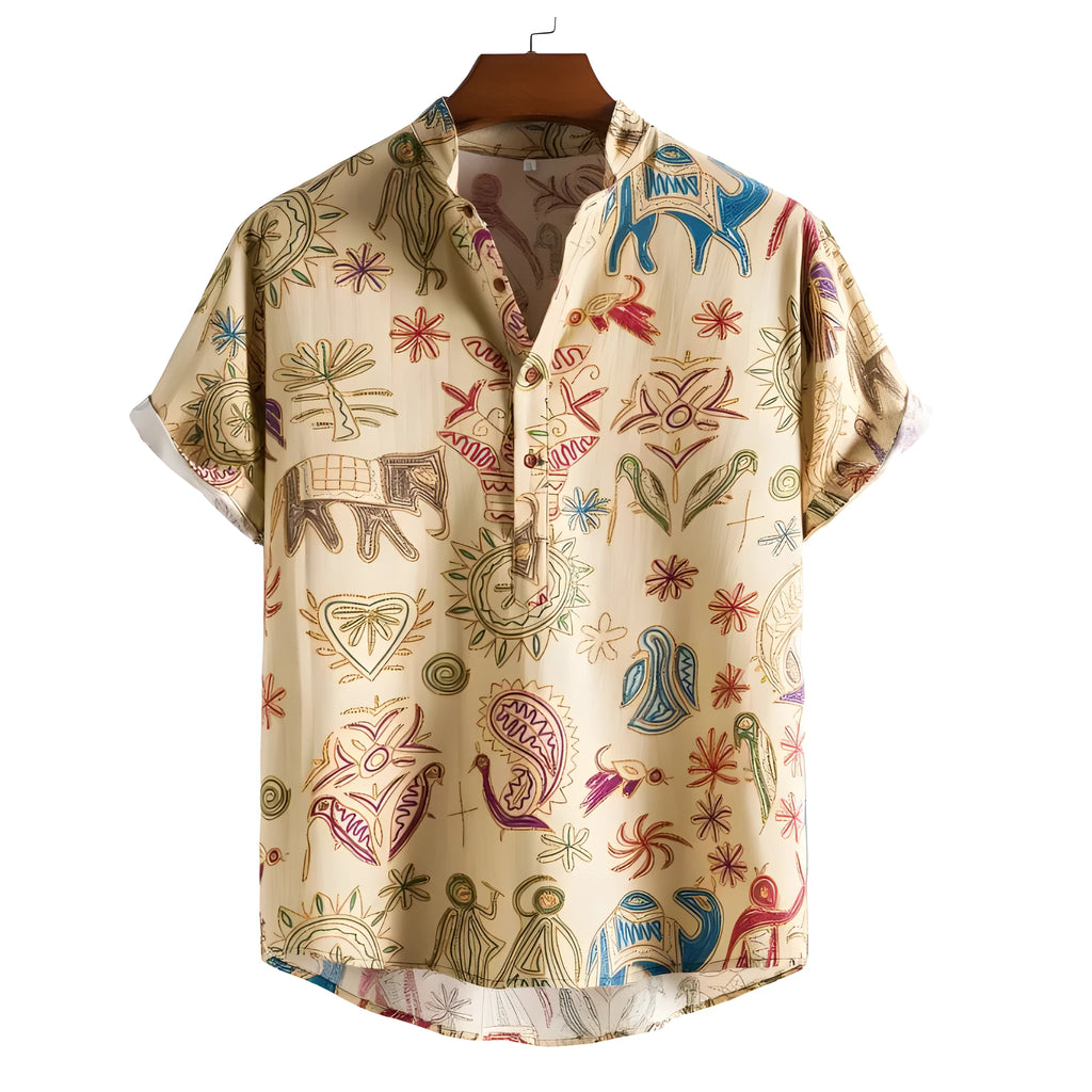 Man wearing a loose fit cardigan shirt with a 3D digitally printed pattern in a colour-matching design.