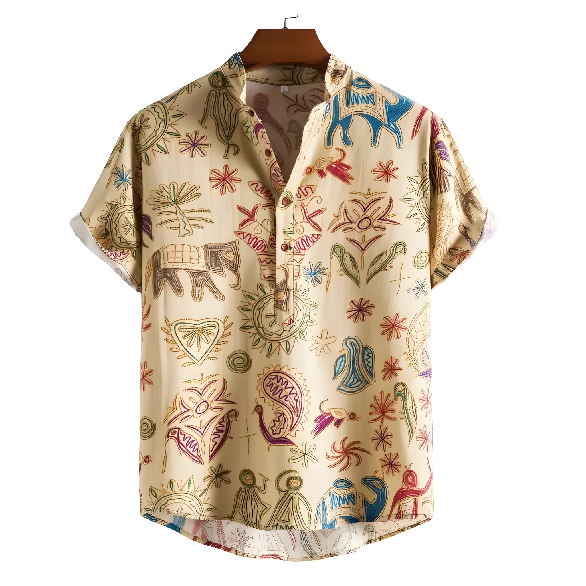 Man wearing a loose fit cardigan shirt with a 3D digitally printed pattern in a colour-matching design.